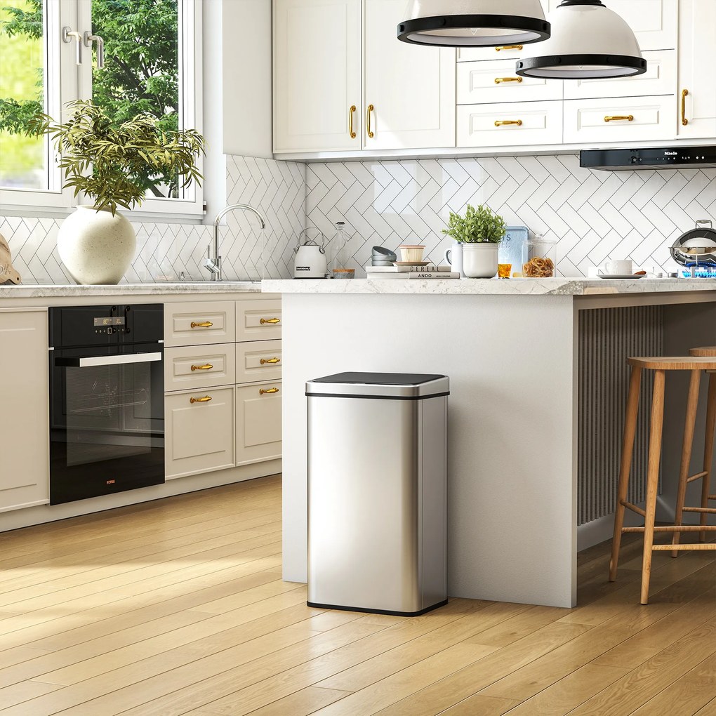 Caixote do Lixo de Cozinha com Sensor, 35,5 x 26 x 67 cm, Capacidade de 50 L, Prateado