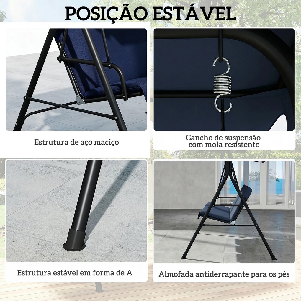 Baloiço de Jardim Exterior de 3 Lugares com Toldo Ajustável e Estrutura de Aço 172x118x153 cm Azul-Marinho