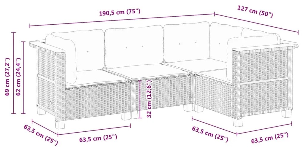 4 pcs conjunto sofás de jardim c/ almofadões vime PE cinzento