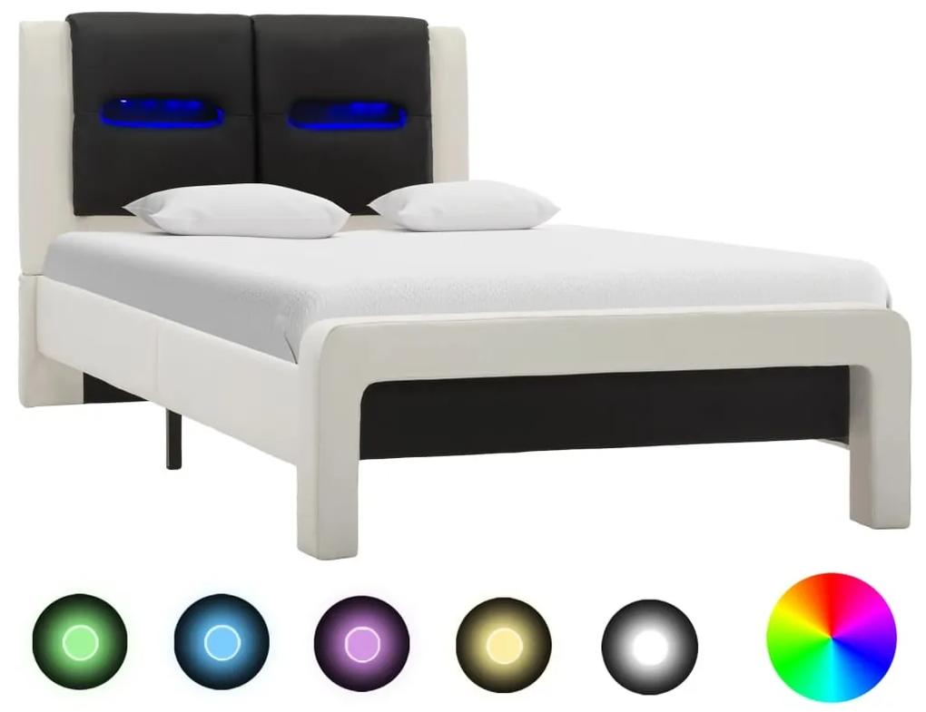 Estrutura cama c/ LED 90x200 cm couro artificial branco e preto