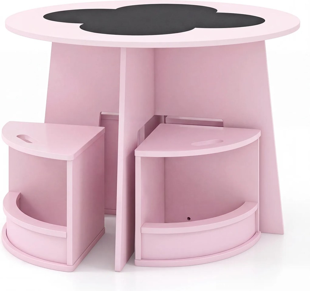 Conjunto de 5 Peças, Mesa Redonda Infantil e 4 Bancos com Arrumação, 70 x 70 x 49 cm, Design Empilhável, cor-de-rosa