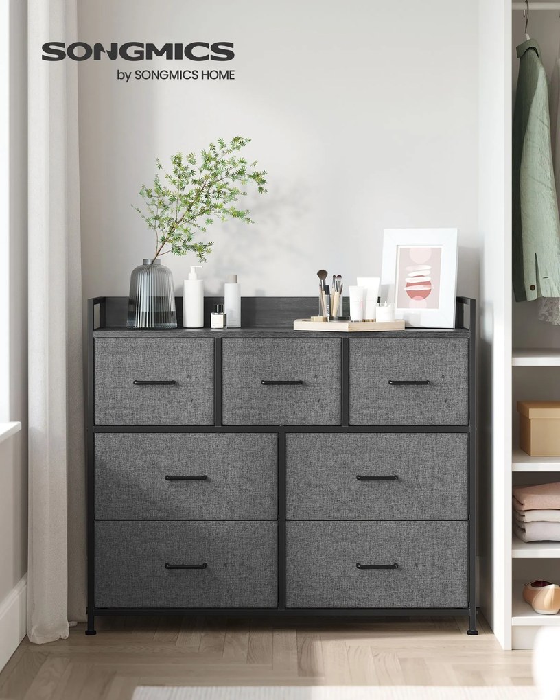 Cómoda 7 gavetas em tecido 28,5 x 98 x 85 cm Cinzento e Preto