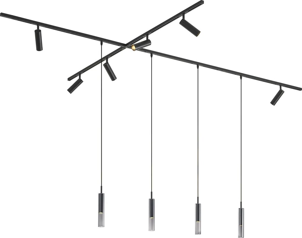 Sistema de calhas de iluminação moderno preto com 6 focos e 4 candeeiros suspensos monofásicos - Slimline Uzzy Loyce