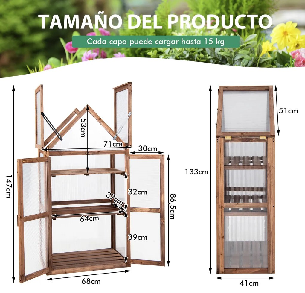 Mini Estufa 3 Níveis 71 x 41 x 133 cm Jardim de Madeira Abeto Teto Tampa rebatível Castanho