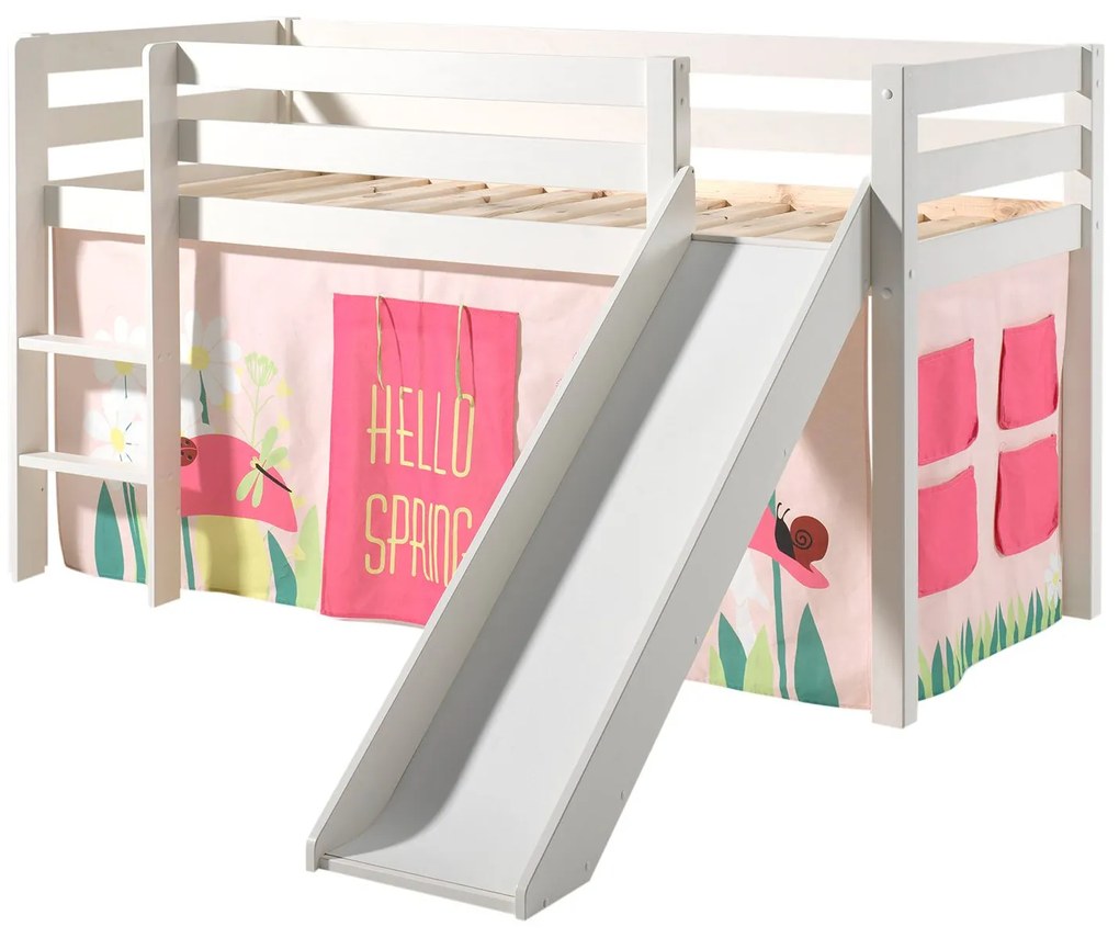 Conjunto Cama alta de Criança PINO 90 x 200 cm + estrado + escada + escorrega + cortina Primavera branca