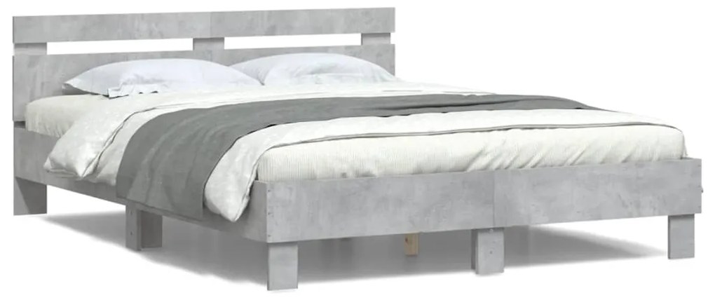 Estrutura cama cabeceira e luzes LED 140x200cm cinzento cimento