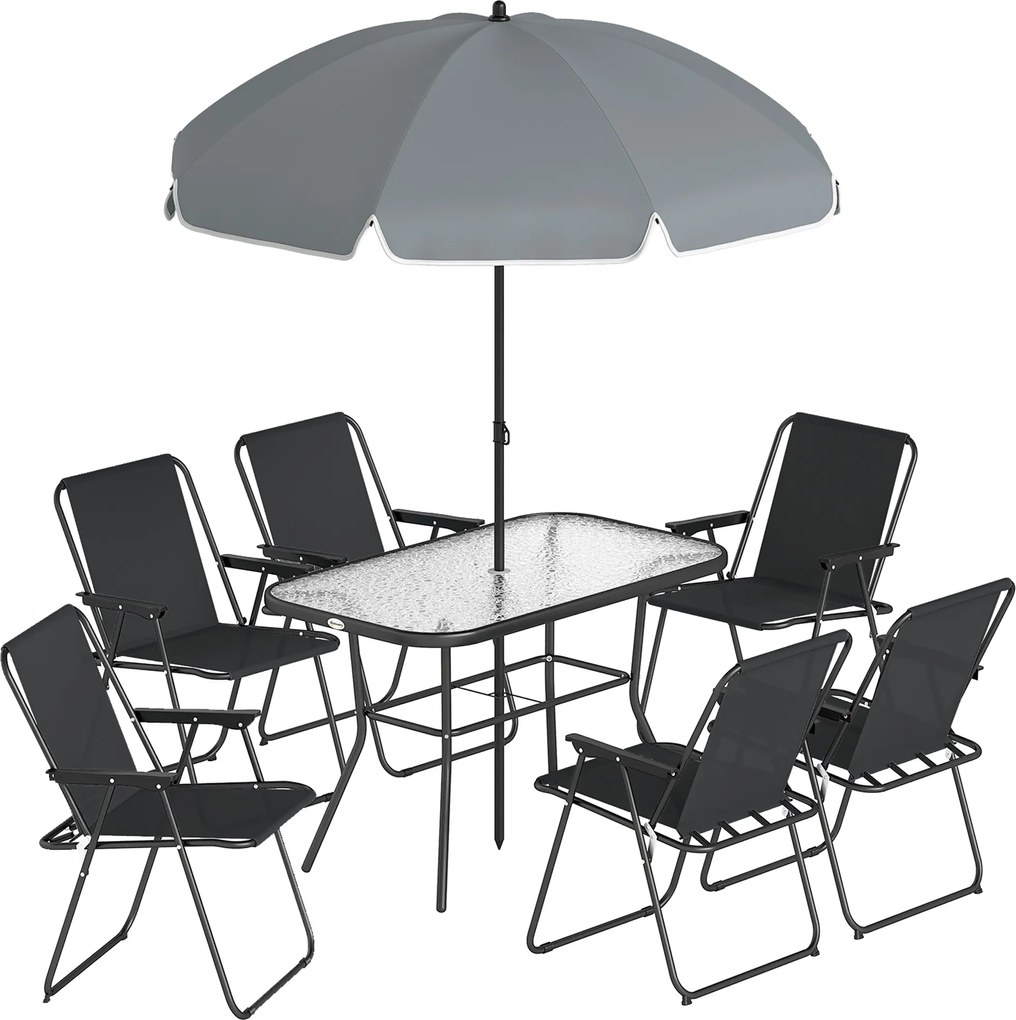 Outsunny Conjunto de Jantar para Jardim 8 Peças com Guarda-sol, Conjunto de Móveis de Jardim com 6 Cadeiras Dobráveis, Mesa em Vidro Temperado e Guarda-sol para Pátio, Preto | Aosom Portugal
