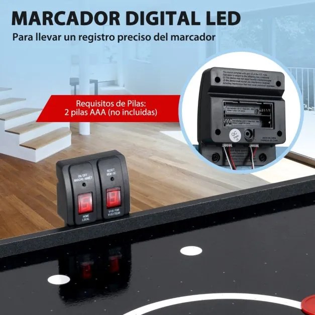 Mesa de hóquei de ar com marcador eletrónico Motor de 12 V 2 discos e 2 empurradores Jogo de hóquei de pé 144 x 68 x 79 cm Preto