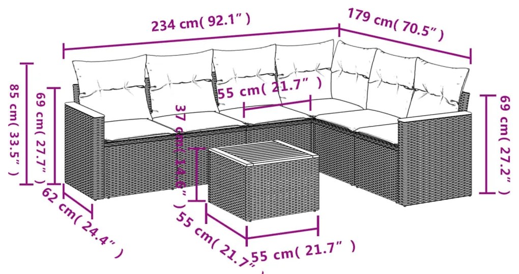 7 pcs conjunto de sofás p/ jardim c/ almofadões vime PE preto