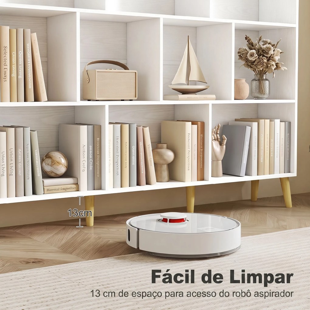 Estante para Livros com 10 Compartimentos e Pés em Madeira Maciça, 140x24x107 cm, Branco