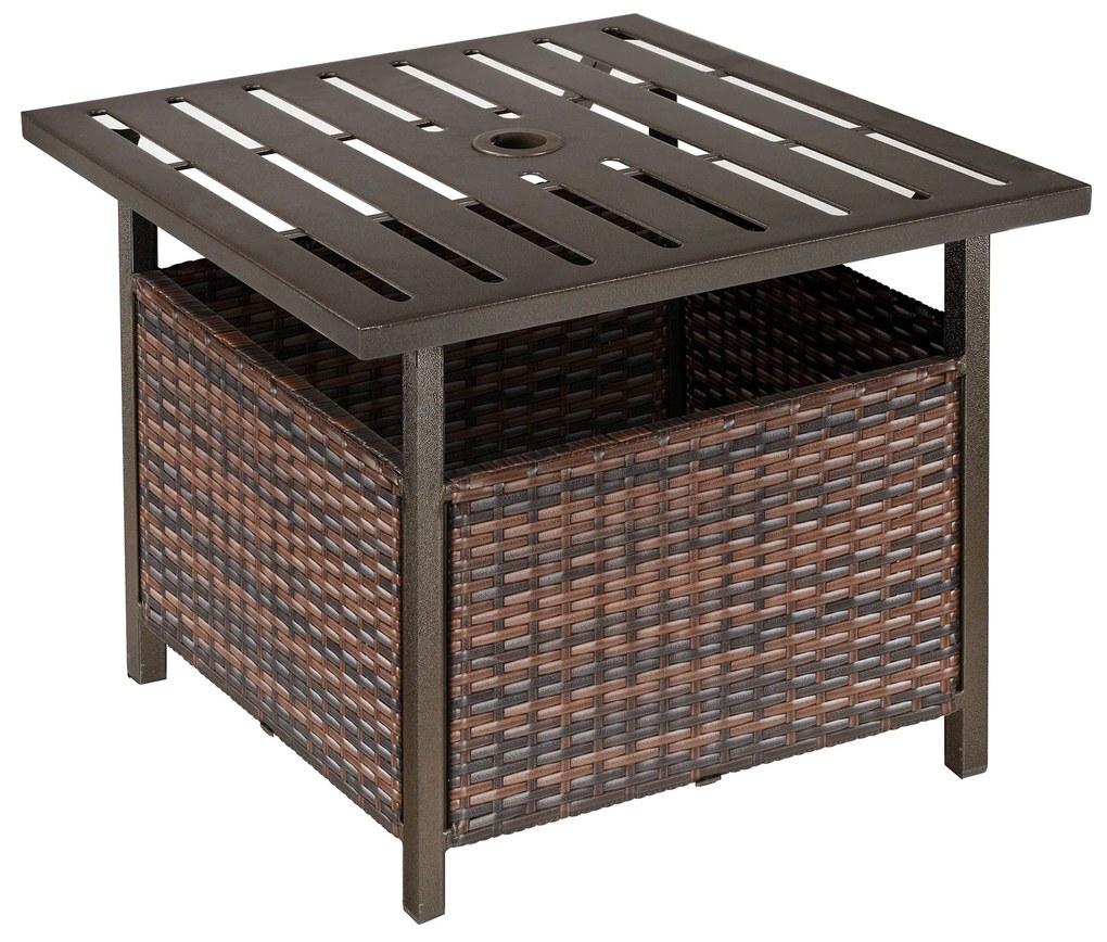 2 em 1 Base para guarda-sol com mesa lateral de vime em aço para terraço jardim Pátio 55,5x55,5x46 cm marrom