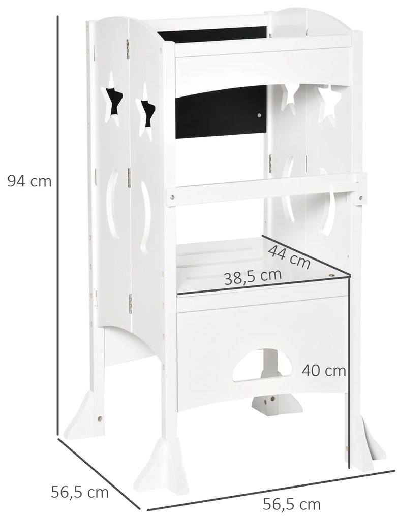 HOMCOM Torre de Aprendizagem para Crianças 3-6 anos de Madeira Torre de Aprendizagem Infantil Dobrável com Ardósia e Barra de Segurança para Casa de Banho Cozinha 56,5x56,5x94cm Branco