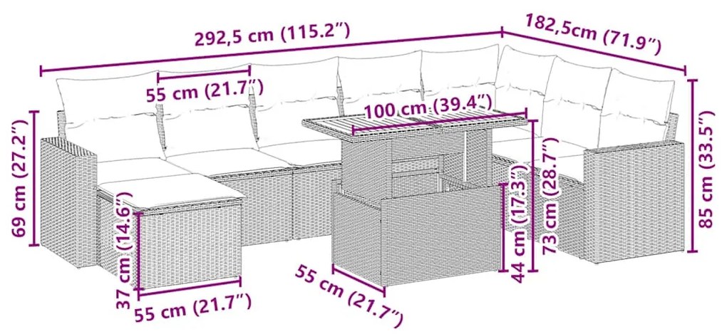 9 pcs conjunto de sofás p/ jardim com almofadões vime PE bege