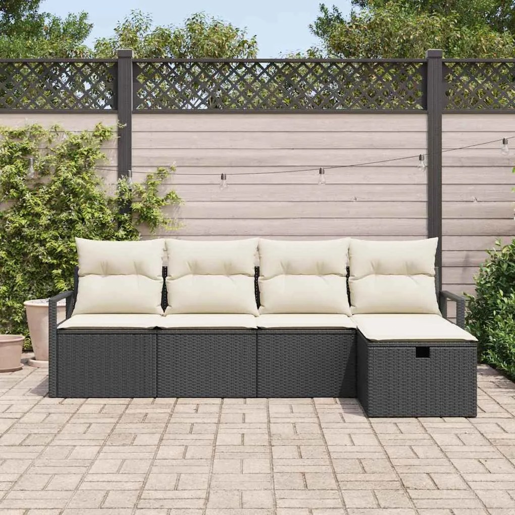 Conjunto de Sofá de Jardim de 5 Peças com Almofadas Vime PE Preto
