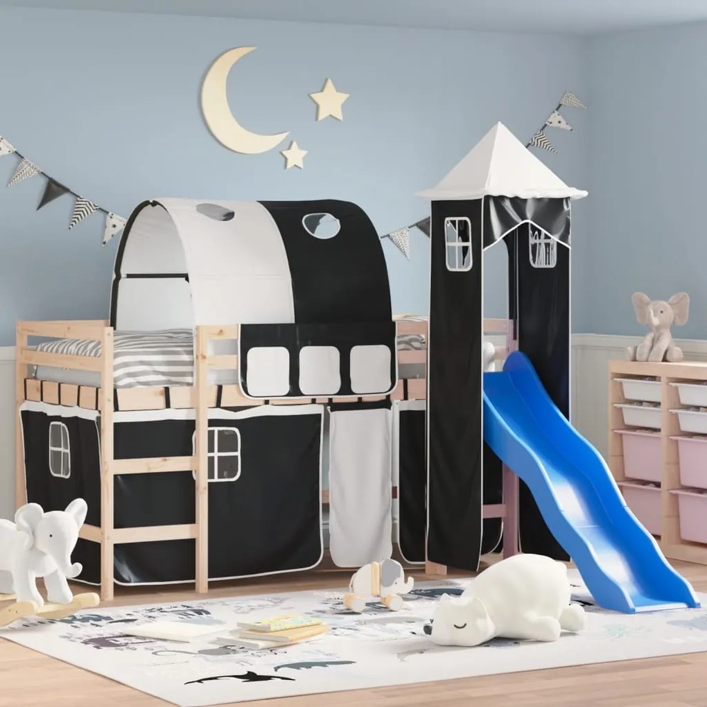 vidaXL Cama alta criança c/ torre 90x200 cm pinho maciço branco/preto