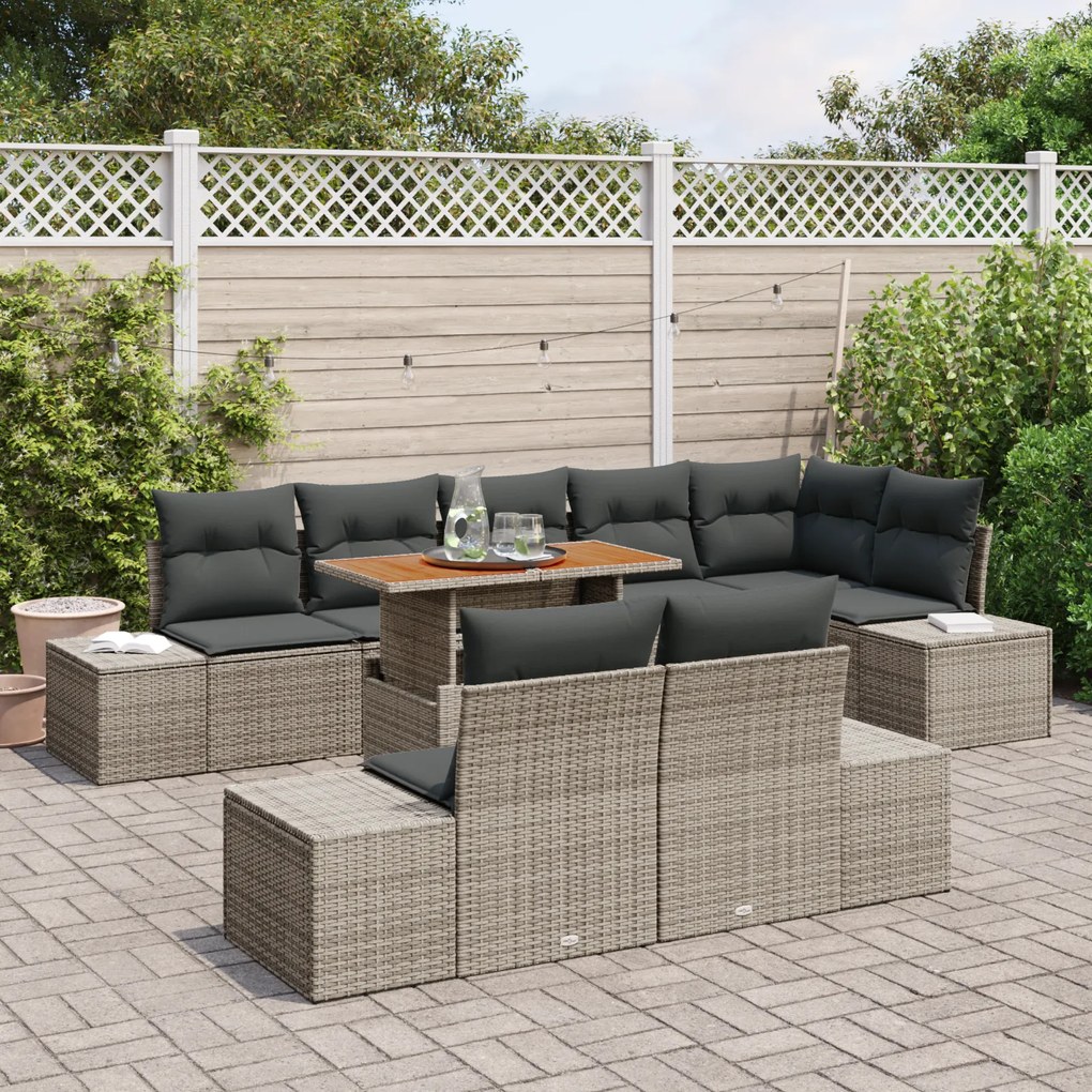 Conjunto de Jantar de Jardim de 9 Peças com Almofadas Cinza Rattan Pol
