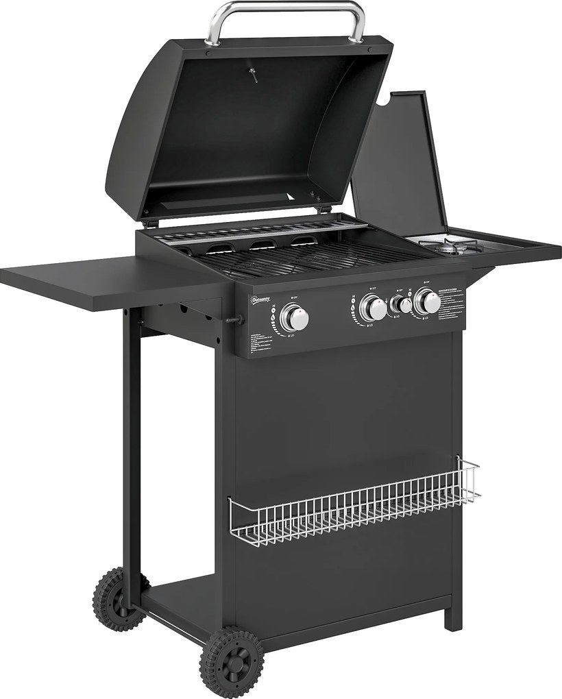 Outsunny Churrasco a Gás com Queimadores Independentes Tampa com Termômetro e Mesinha Lateral Preto | Aosom Portugal