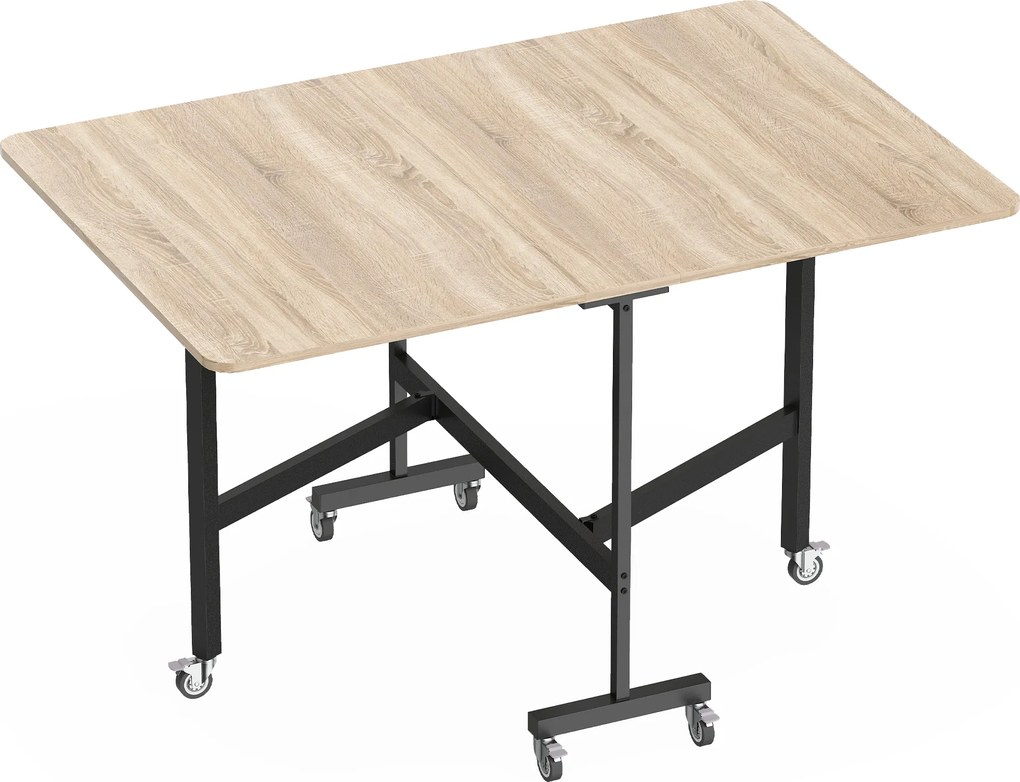 HOMCOM Mesa Dobrável para 4-6 Pessoas com 2 Abas e Rodas com Travão 120x80x73 cm Carvalho | Aosom Portugal