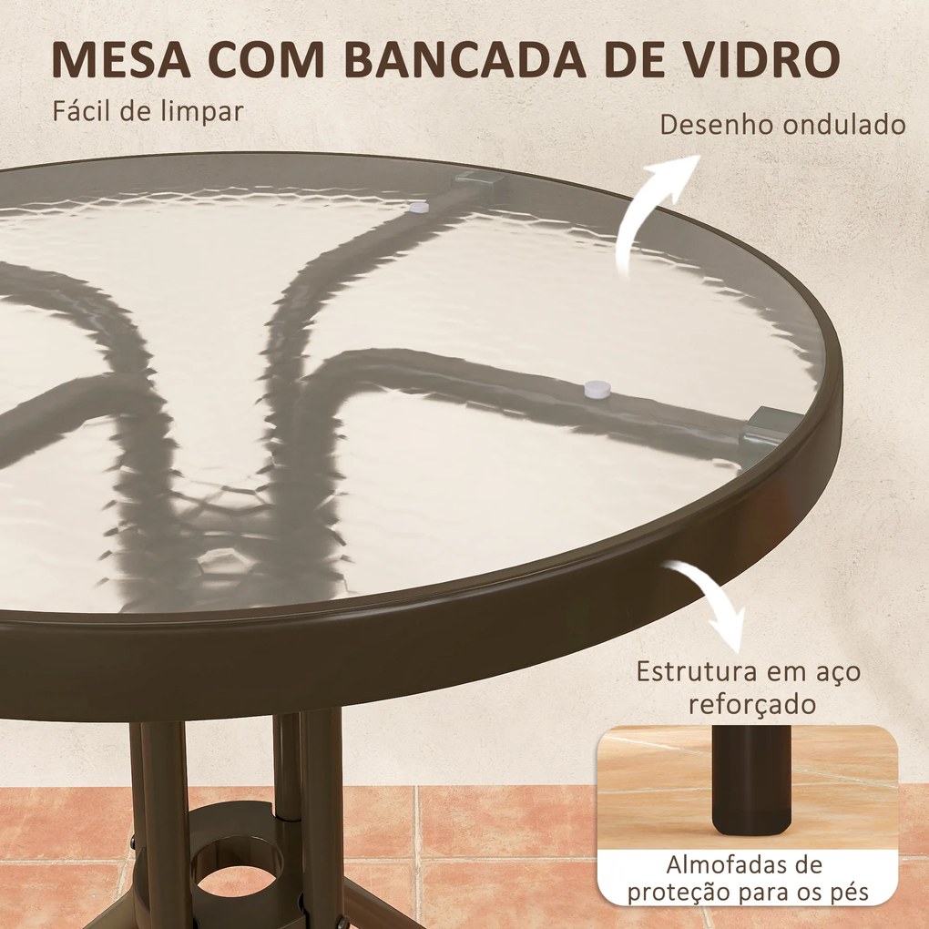 Conjunto de Jardim de 3 Peças com 2 Cadeiras Empilháveis Mesa com Bancada de Vidro Temperado Castanho Escuro