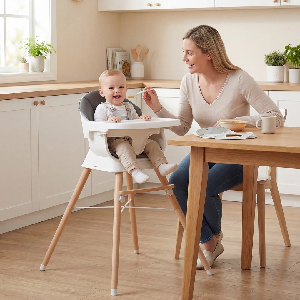 Cadeira de refeição evolutiva para bebés com tabuleiro e almofada removíveis, arnês de 5 pontos, pernas em madeira, banquinho portátil para 6-36 meses