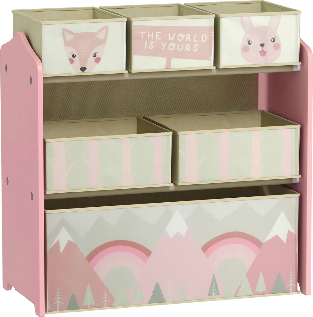 ZONEKIZ Estante para Brinquedos com 6 Caixas de Tecido não Tecido Amovíveis Organizador de Brinquedos 63x30x66 cm Rosa | Aosom Portugal