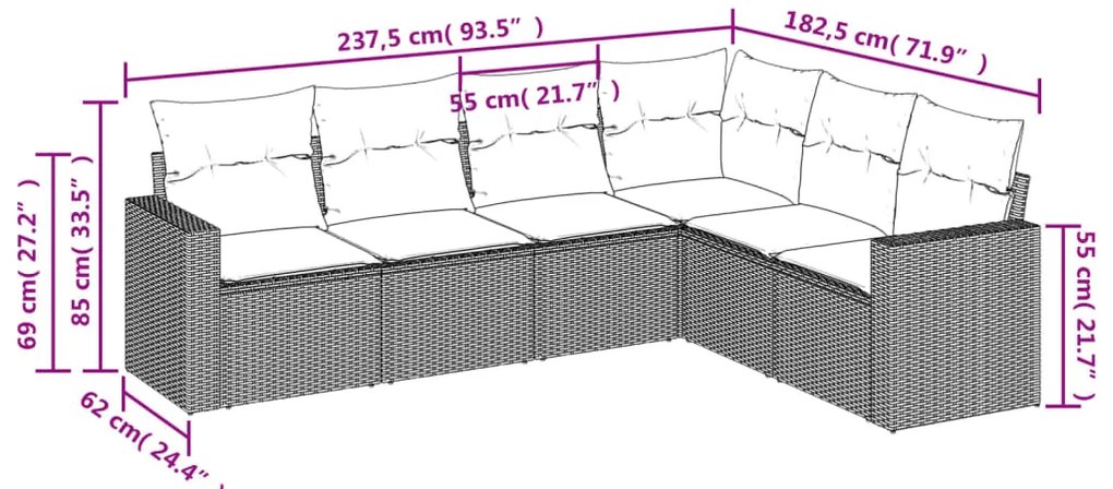 6 pcs conjunto de sofás jardim c/ almofadões vime PE castanho