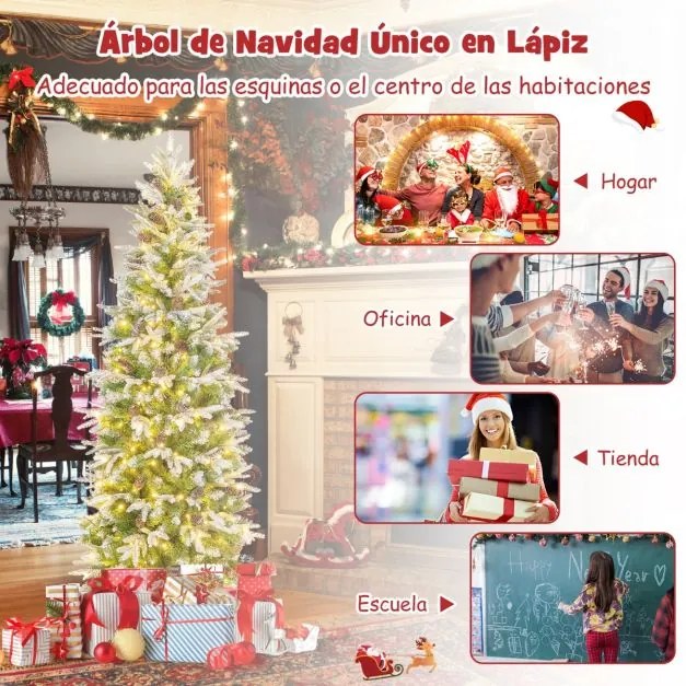 Árvore de Natal pré-iluminada de 190 cm com 280 luzes LED Neve simulada 671 ramos articulados e 60 pinhas Árvore fina Verde