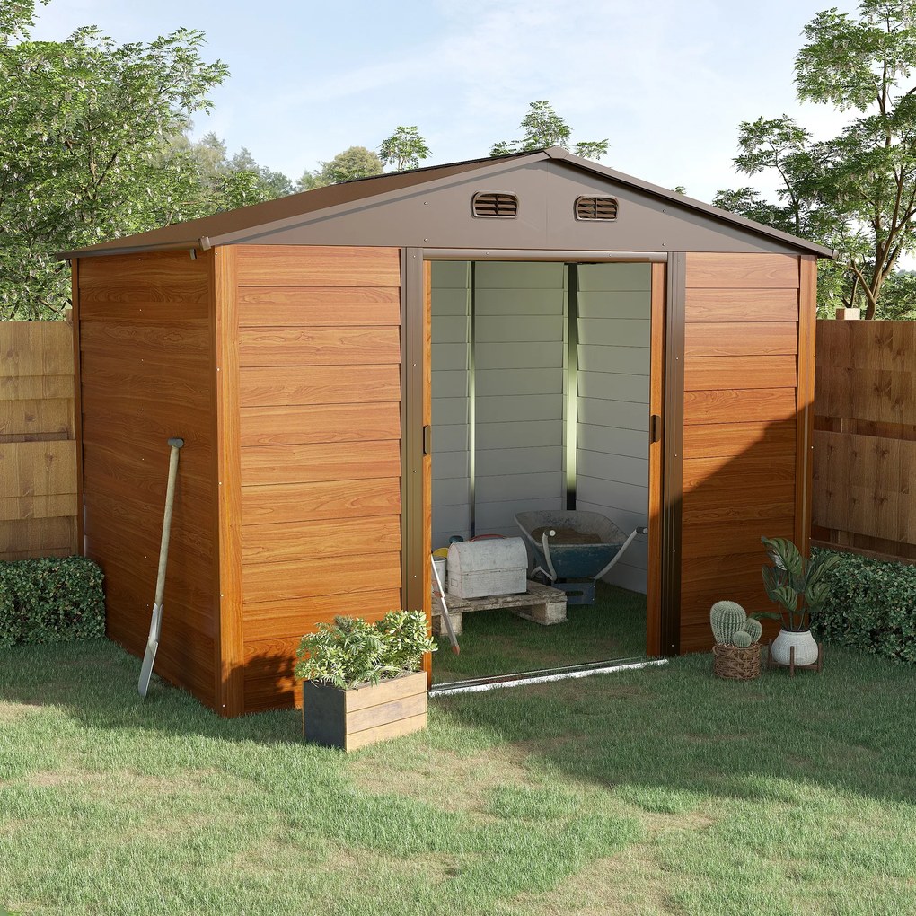 Abrigo de Jardim 5,4m² 278x159x215 cm Abrigo de Jardim com 2 Portas de Correr e 4 Janelas de Ventilação Madeira e Castanho
