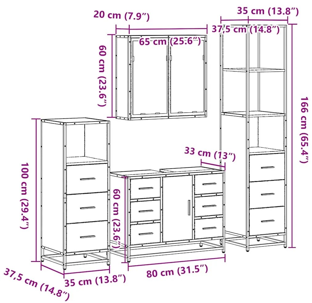 4 pcs Conjunto móveis casa de banho madeira proc. cinza sonoma