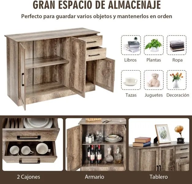 Aparador com 2 gavetas 3 portas 1 Estante ajustável Aparador para cozinha, sala de jantar Sala de estar Hall de entrada 110 x 40 x 78 cm Cinzento