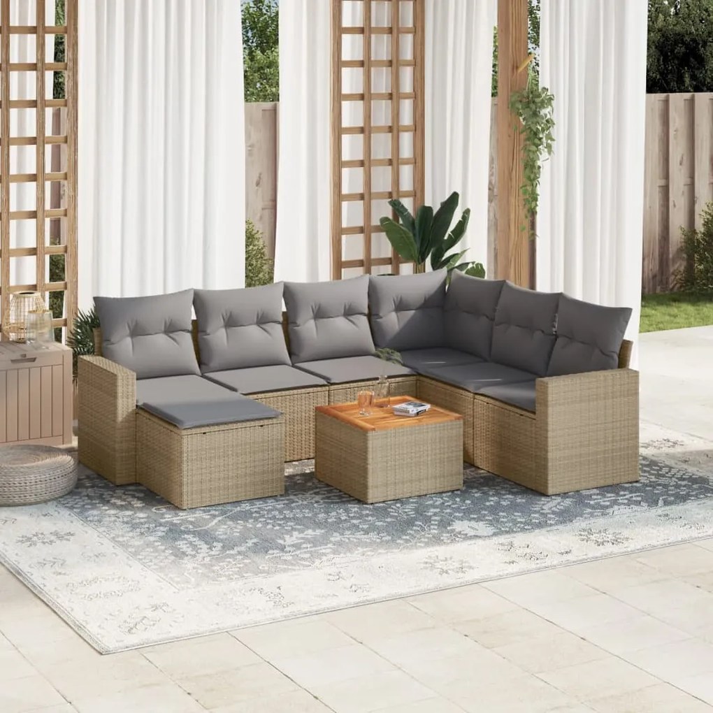8 pcs conj. sofás jardim c/ almofadões vime PE bege misturado