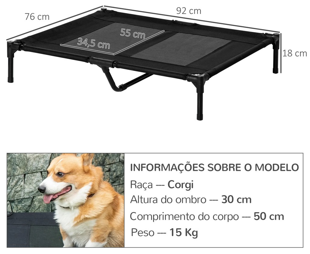 Cama Elevada para Cães Cama de Animais de Estimação com Malha Transpirável e Tecido Oxford para Exterior 92x76x18 cm Preto