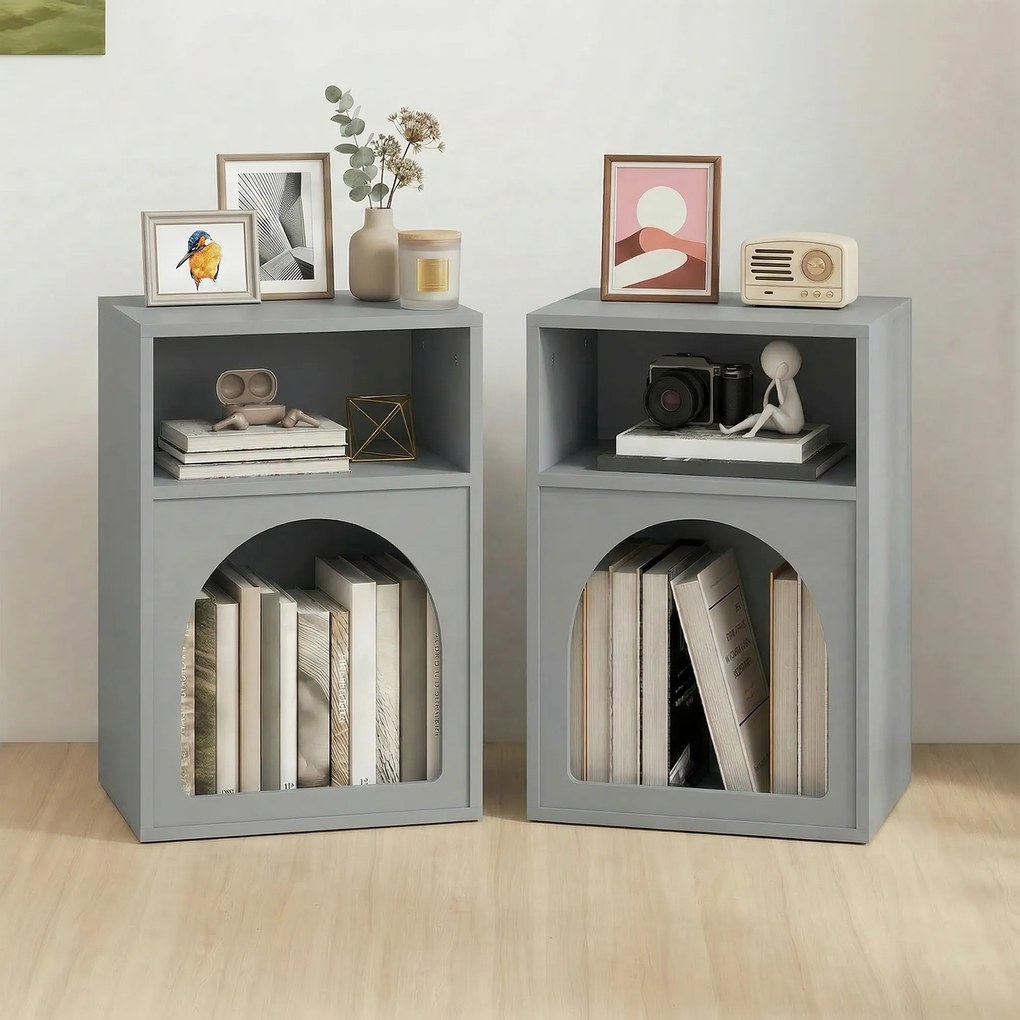 Conjunto de 2 mesas de cabeceira 40 x 30 x 60 cm, com compartimentos abertos, design arqueado, cinzento