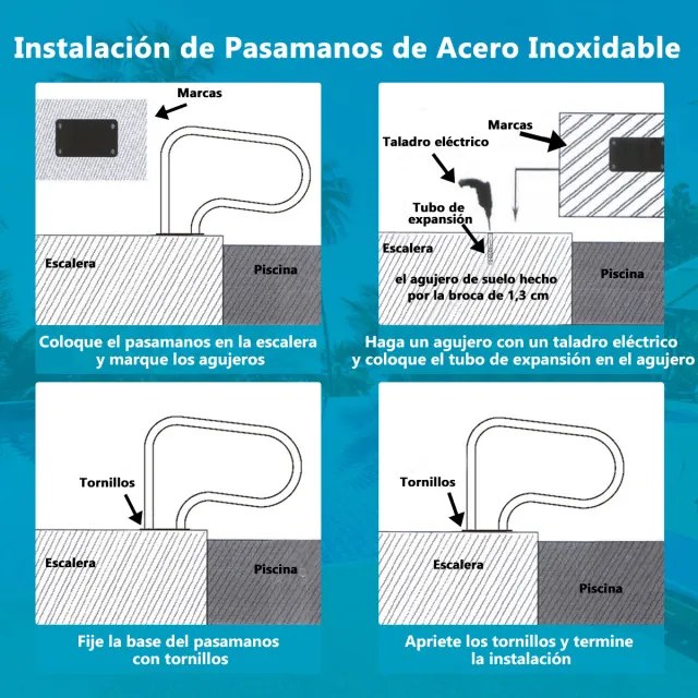 Conjunto de 2 Corrimãos de Piscina, 81 x 10 x 57 cm, em Aço Inoxidável SS304, Cinzento prateado