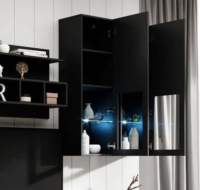 Conjunto de Móveis de Sala Dornelas – 3 m – Preto com LED e Vitrinas e