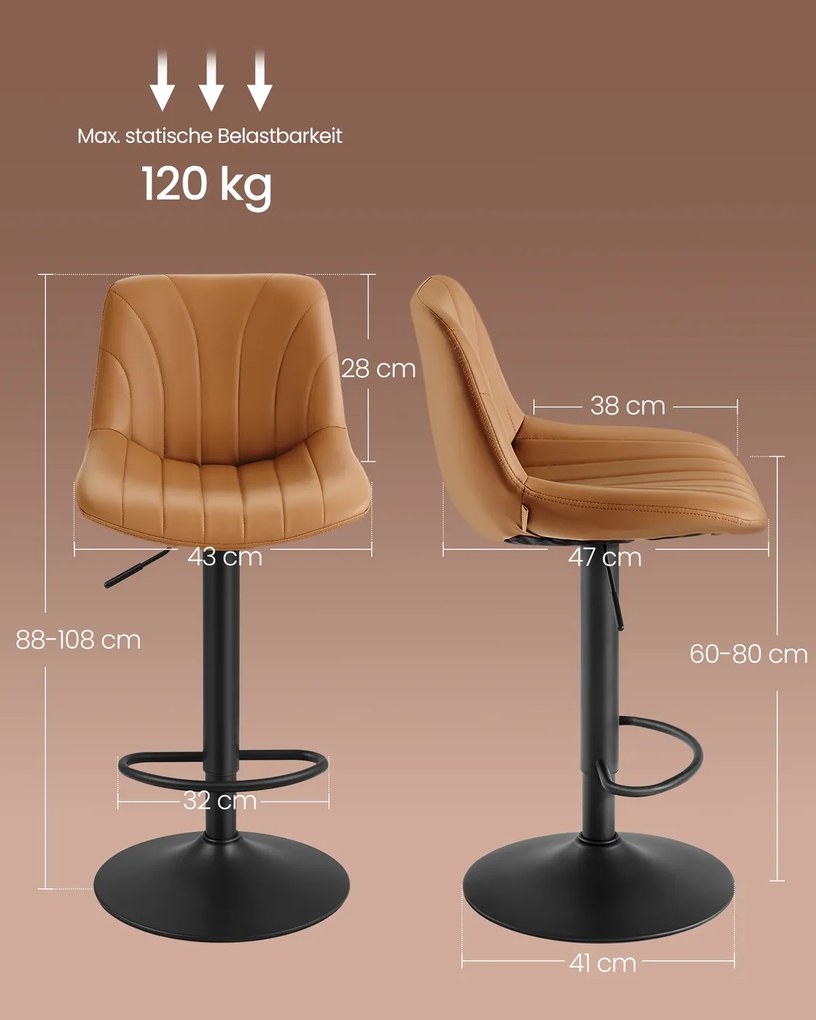 Conjunto 2 bancos bar com encosto e assento giratório 46,5 x 43 x (88-108) cm em couro sintético PU castanho caramelo