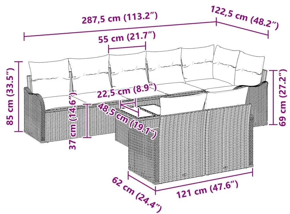 Conjunto de Sofás de Jardim de 8 Peças com Almofadas Cinzas em Rattan