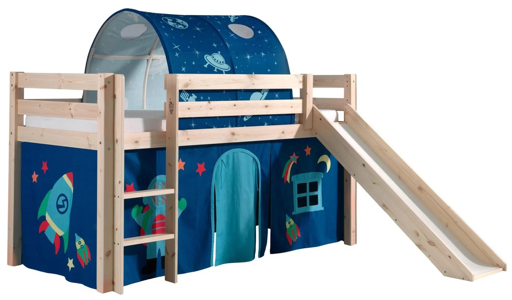 Conjunto Cama alta de Criança PINO 90 x 200 cm + estrado + escada + escorrega + cortina + túnel Astronauta Natural