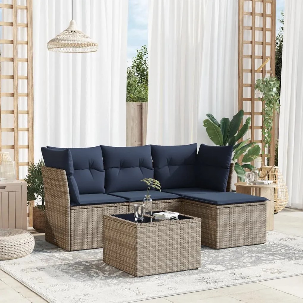 vidaXL 5 pcs conjunto sofás p/ jardim c/ almofadões vime PE cinzento