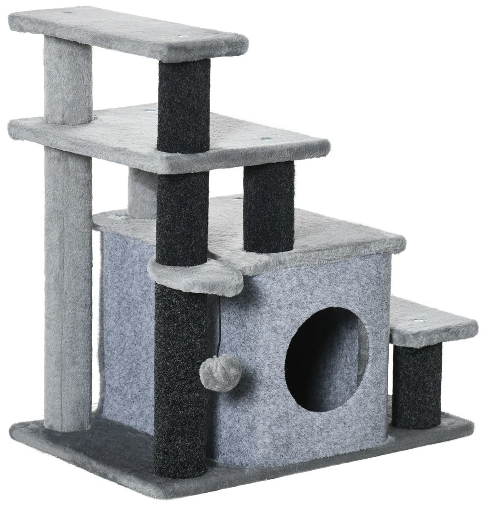 PawHut Escada para Gatos de 4 Degraus Escada para Animais de Estimação com Altura Ajustável Caverna Bola Suspensa 60x40x66cm Cinza | Aosom Portugal