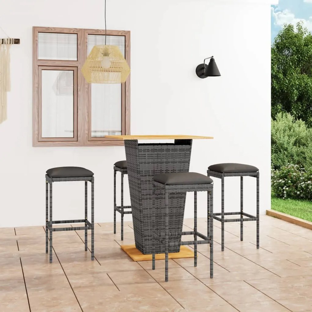 vidaXL 5 pcs conjunto de bar p/ jardim c/ almofadões vime PE cinzento