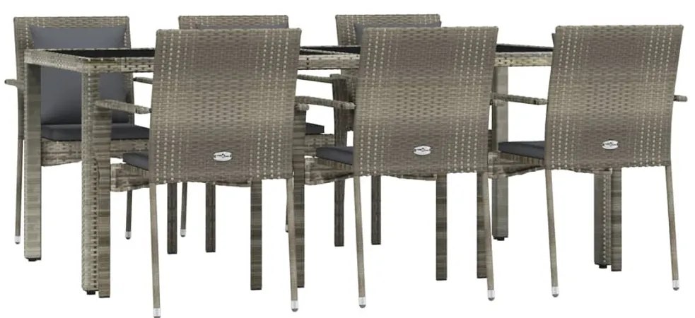 7 pcs conjunto de jantar p/ jardim c/ almofadões vime PE cinza