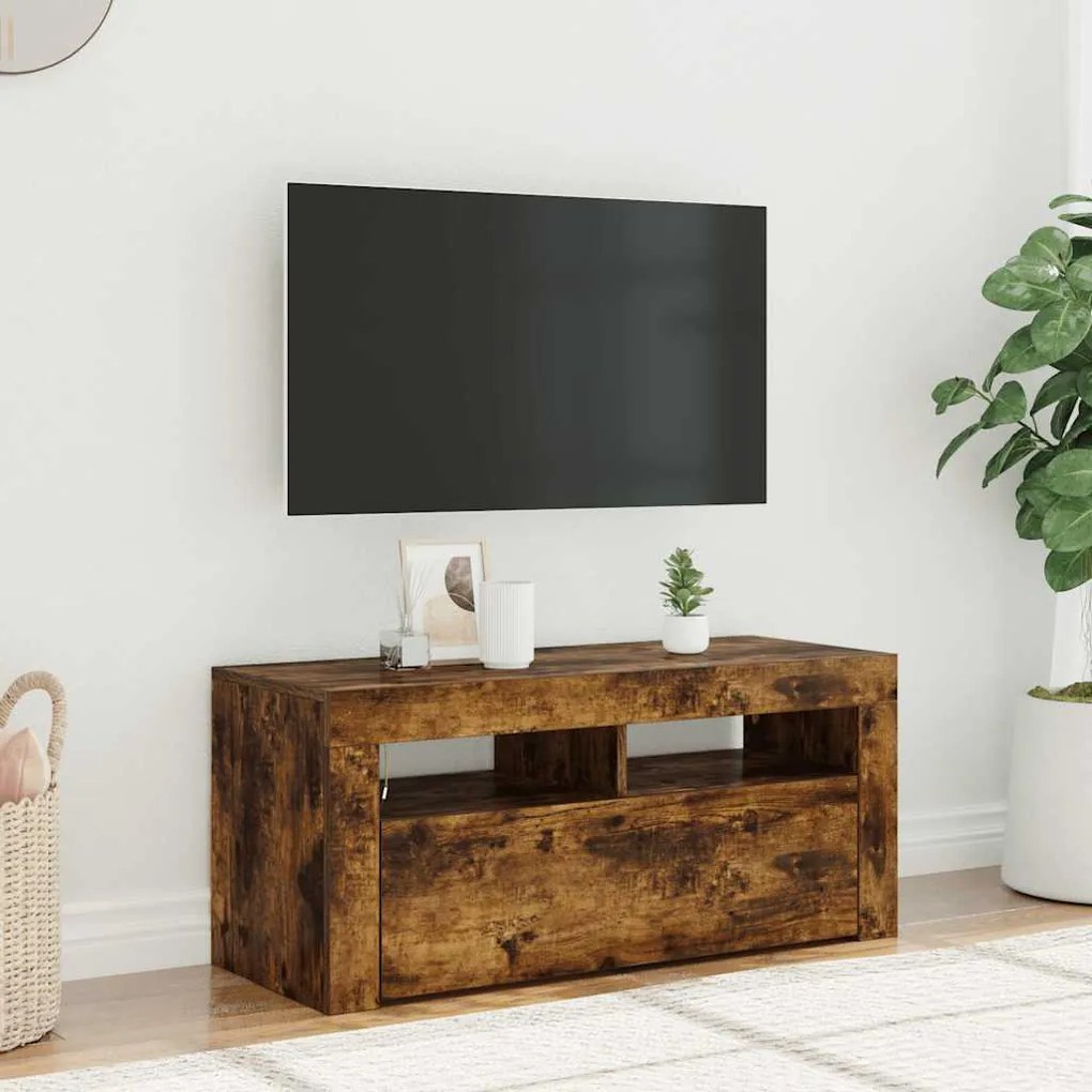 Móvel de TV com luzes LED 90x35x40 cm carvalho fumado