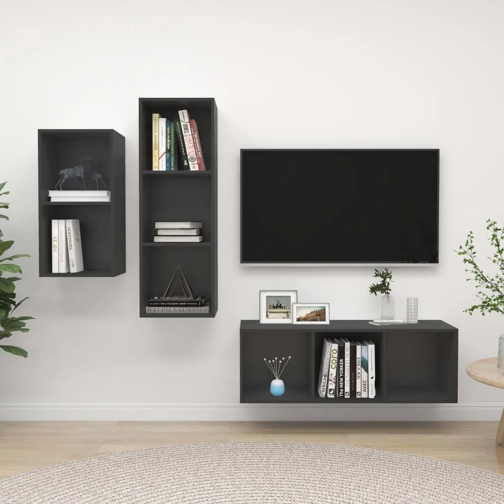 vidaXL 3 pcs conjunto de móveis de TV derivados de madeira cinzento