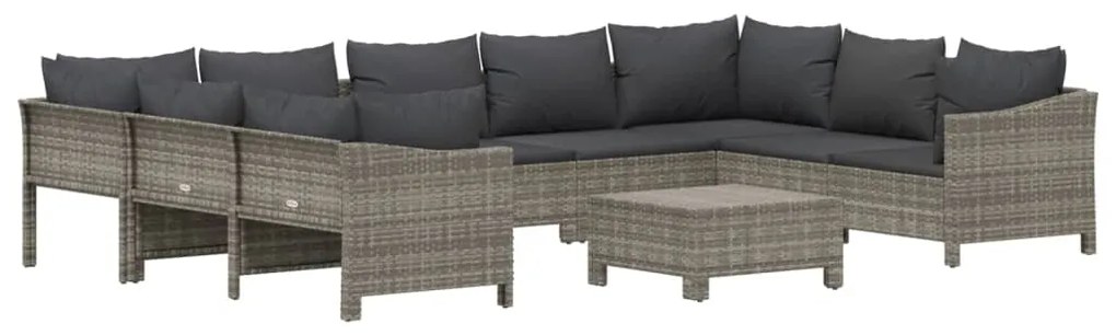 10 pcs conjunto lounge de jardim c/ almofadões vime PE cinzento