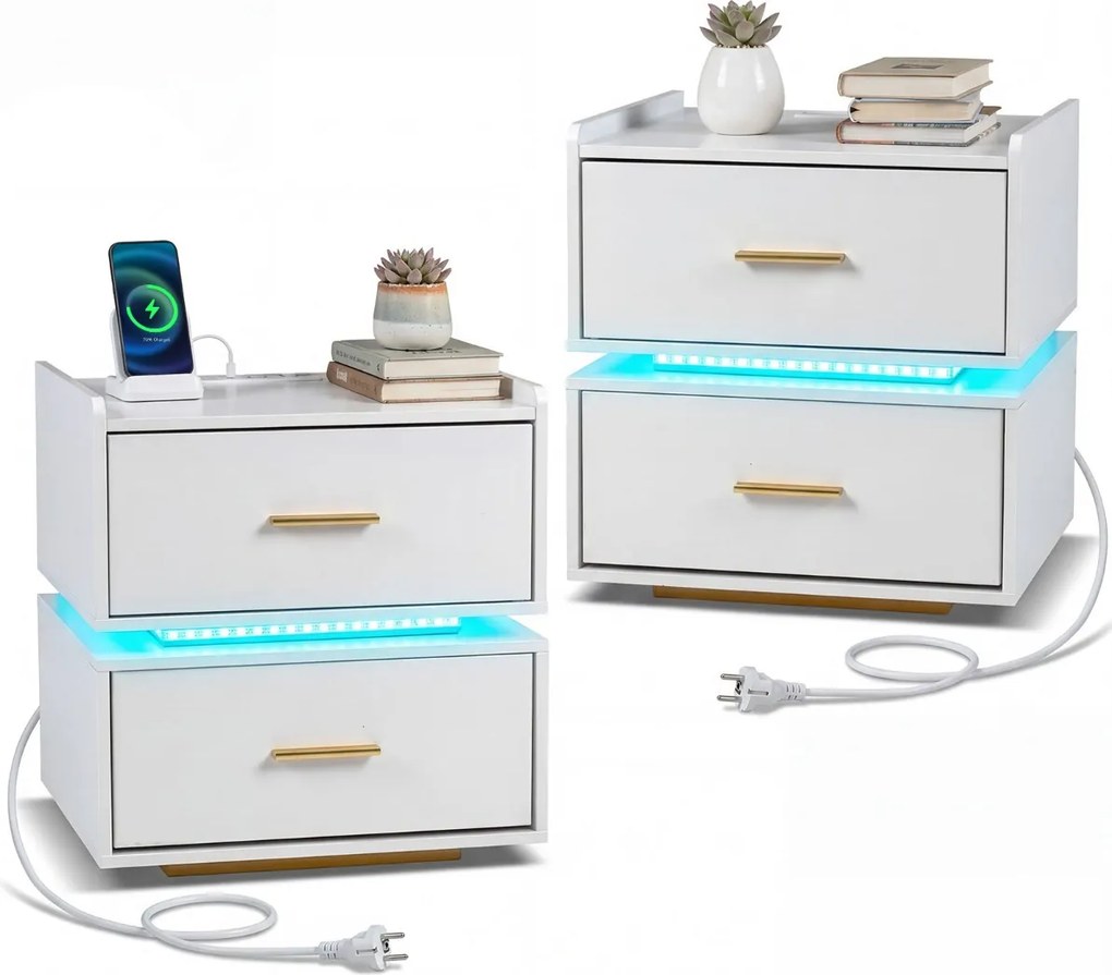 Conjunto de 2 mesas de cabeceira com estação de carregamento LED 45 x 40 x 48 cm, 2 gavetas, arrumação semi-suspensa e base metálica para sala ou quar