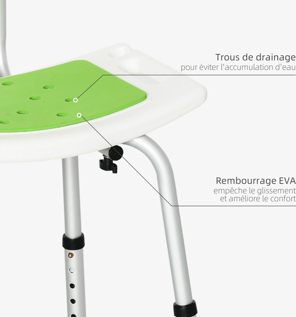 Banco de duche para idosos e pessoas com deficiência, com altura ajustável, pés antiderrapantes e suporte para o chuveiro verde, branco