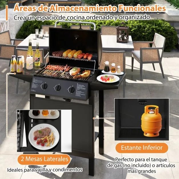 Grelha a gás com 3 queimadores, 24000 BTU, com tampa de grelha em aço inoxidável e mesas laterais para churrasco preto
