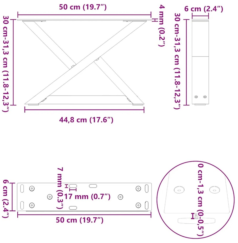 Pés para mesa de centro 2 peças, branco, 50x(30-31,3) cm, aço