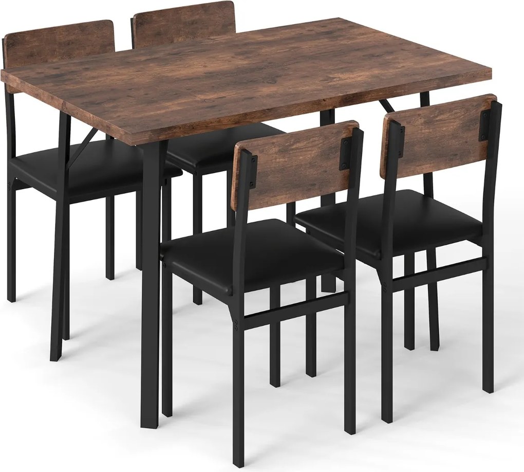 Conjunto de sala de jantar com 5 peças: mesa industrial e 4 cadeiras estofadas com pernas de metal para espaços pequenos Café e Preta